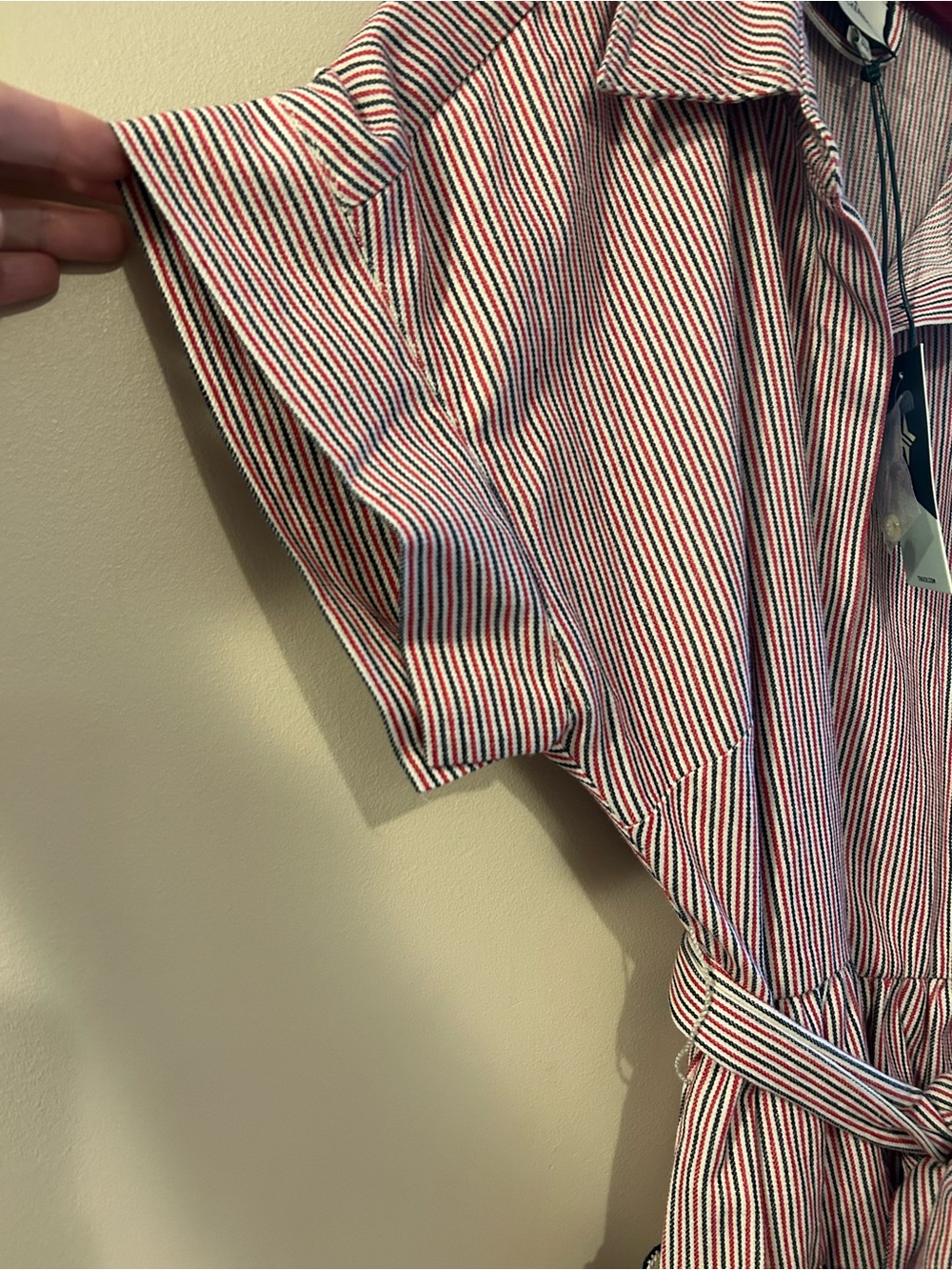 NWT, Tuckernuck Medium, Navy Red Cream Striped short sleeve tie-belt dress - Picture 3 of 5